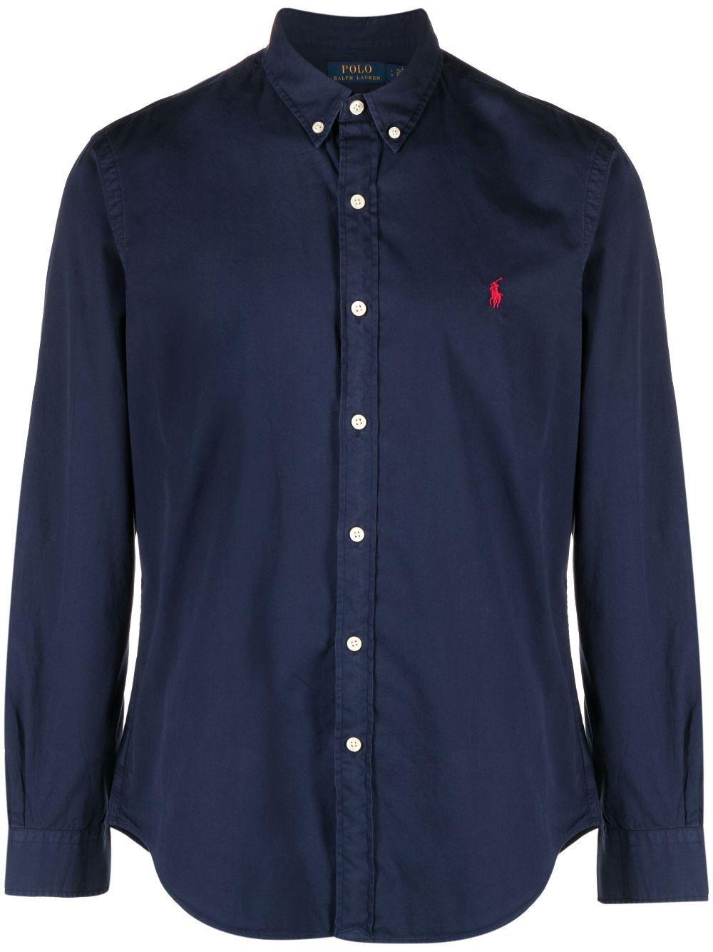 Embroidered Polo Pony Long-sleeve Shirt In Blue Product Image