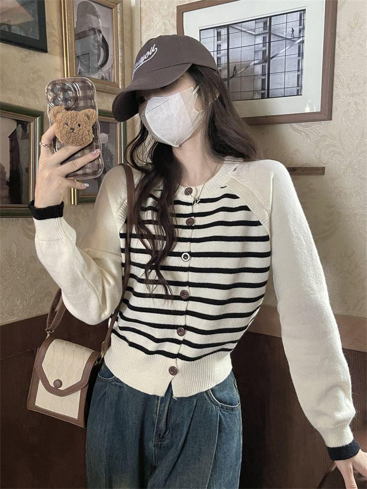 Crew Neck Striped Raglan Button-Up Cardigan Product Image