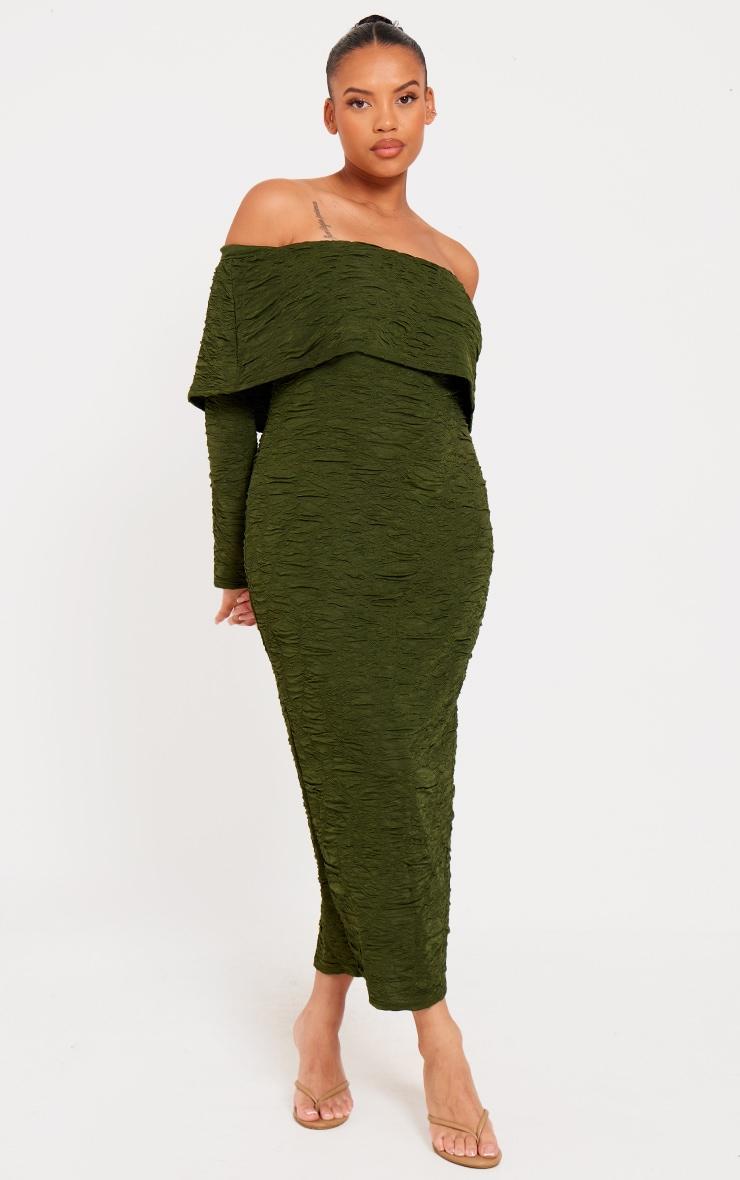 Plus Khaki Textured Fold Over Bardot Midi Dress Product Image