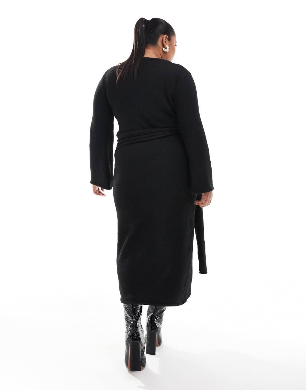 4th & Reckless Plus exclusive knitted drape tie waist midi sweater dress in black Product Image