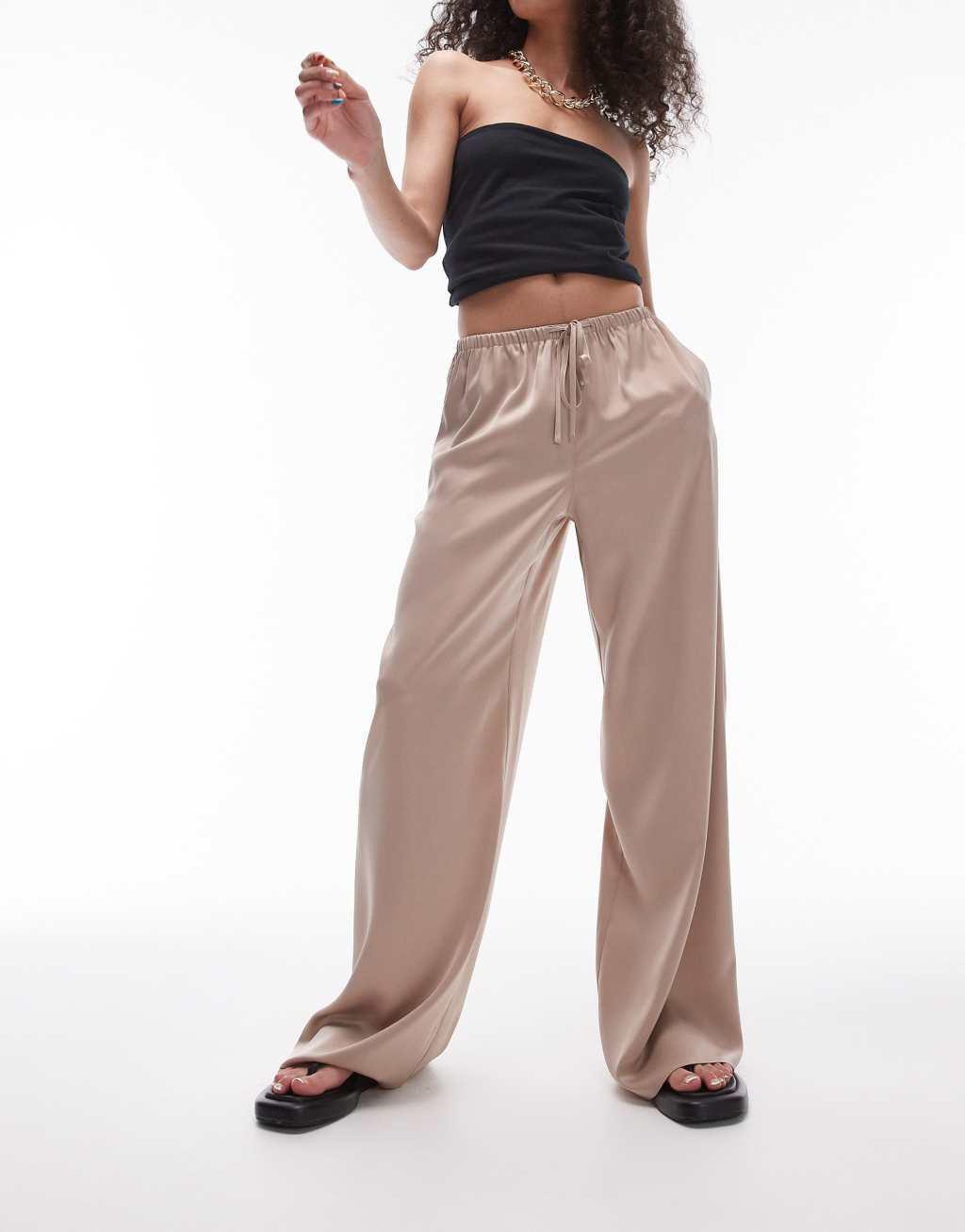 Topshop satin straight leg drawstring pants in taupe Product Image