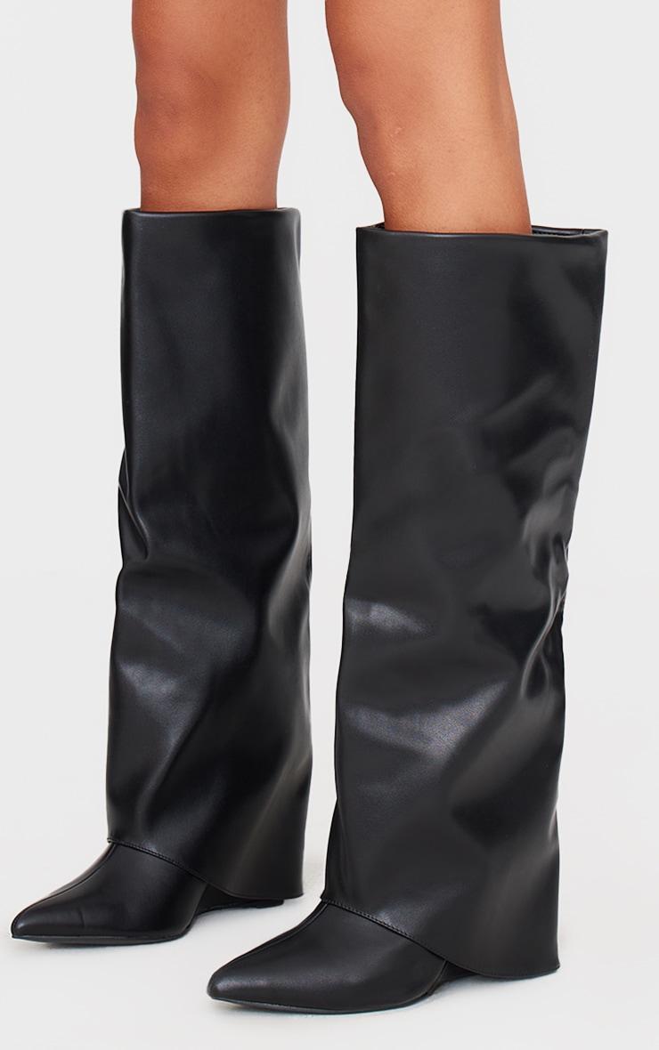 Wide Fit Black PU Fold Over Zip Detail Point Toe Knee High Wedge Heeled Boots Product Image