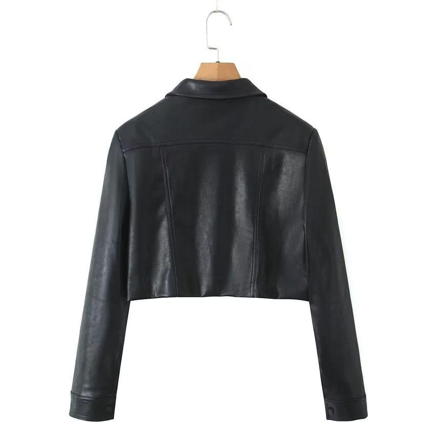 Collared Plain Faux Leather Crop Button Jacket / High Rise Pleated Mini A-Line Skirt Product Image