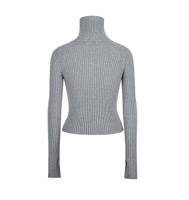 Turtleneck Plain Half Zip Ribbed Sweater Product Image