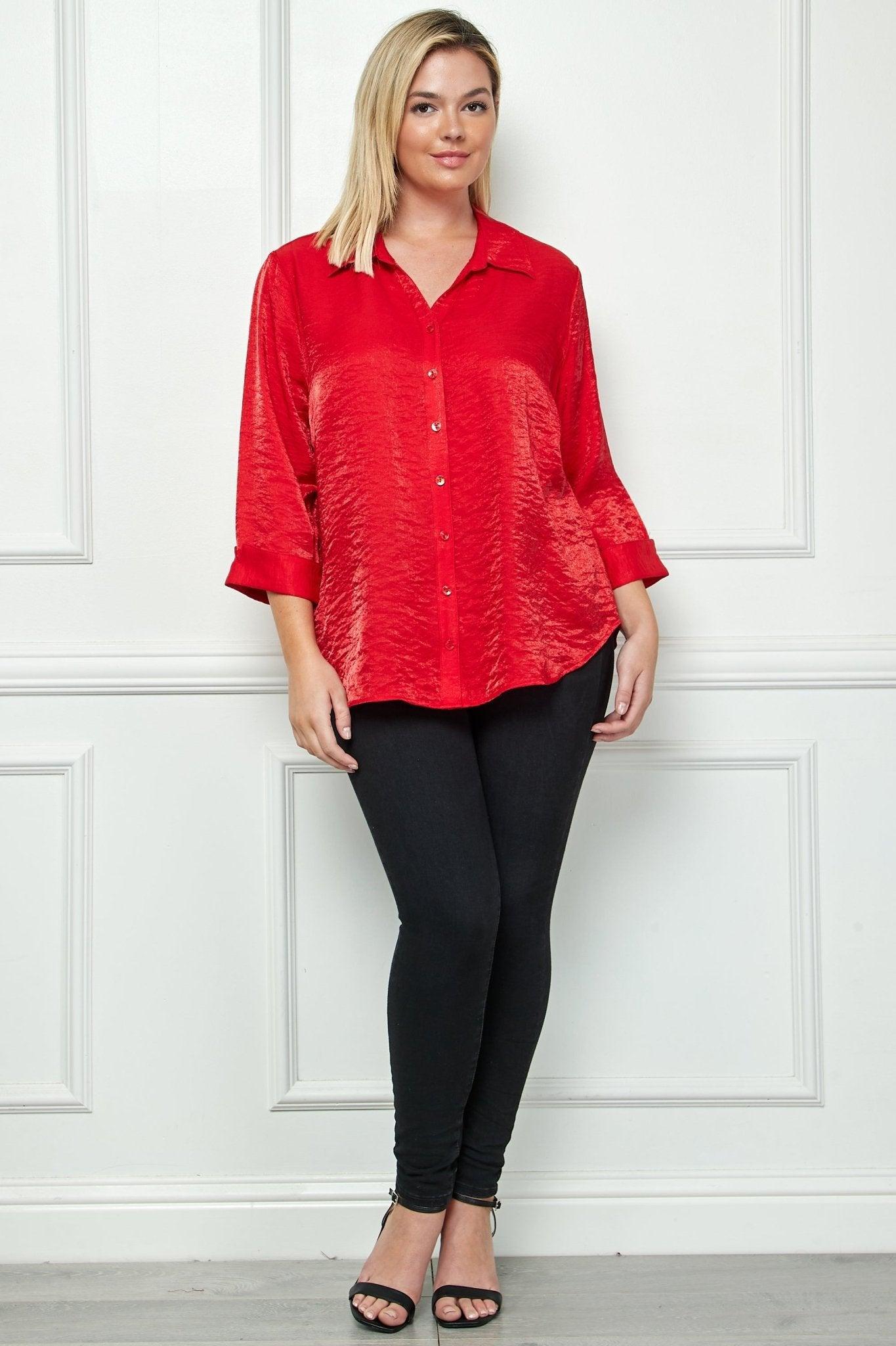 3/4 Notch Sleeve Button Front Shirt Top- Plus Product Image