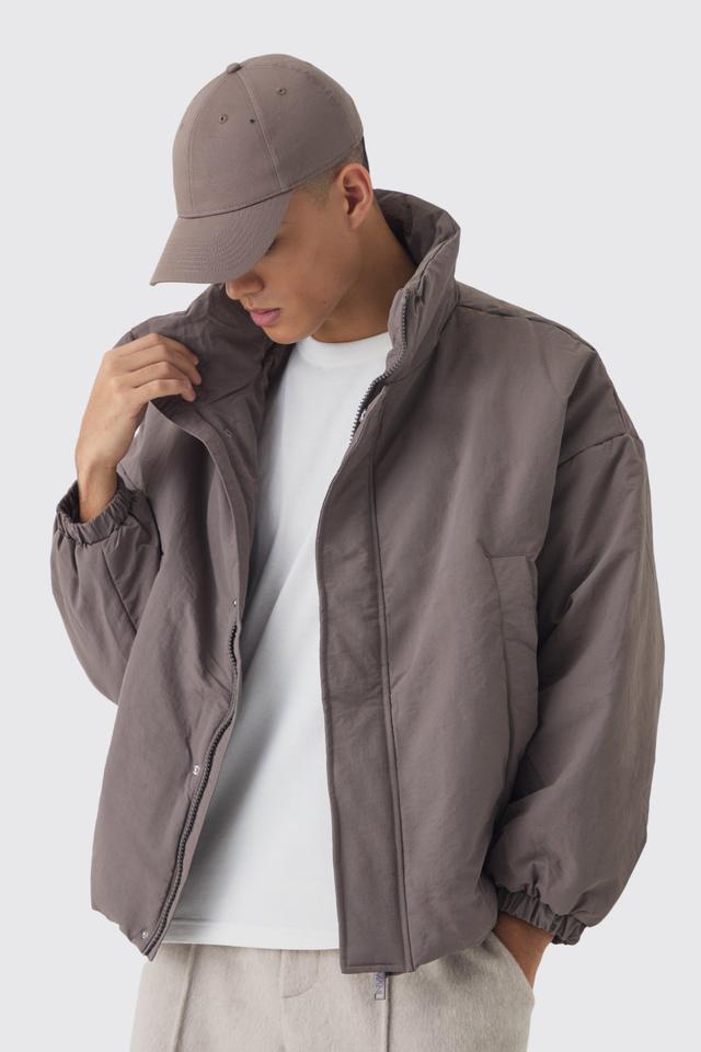 Oversized Boxy Padded Funnel Neck Coat In Charcoal | boohooMAN USA Product Image