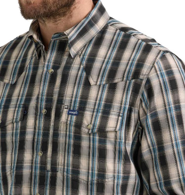 Wrangler® Men's L/S Tan/Black/Blue Plaid Performance Snap Shirt Product Image