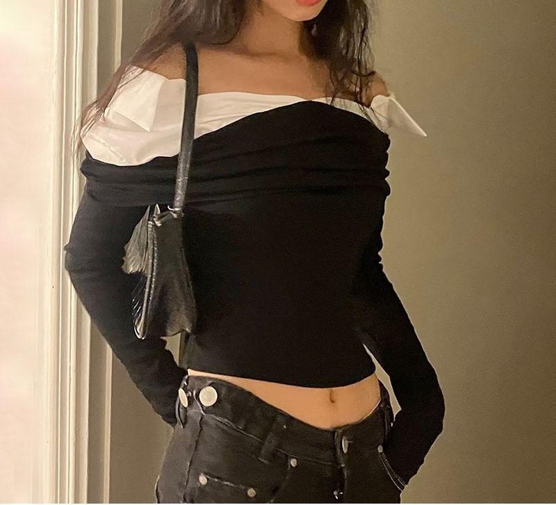 Long-Sleeve Off Shoulder Crop Top Product Image