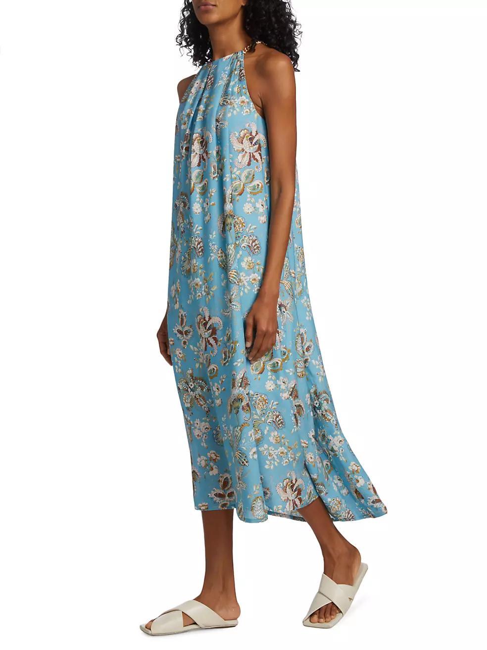 Printed Silk Halter Chain Midi-Dress Product Image