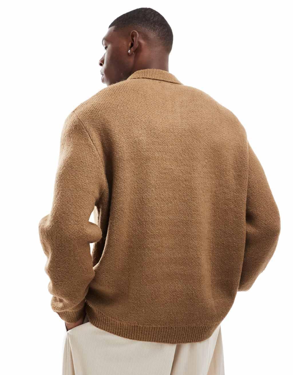 ASOS DESIGN oversized brushed knit polo shirt in brown Product Image