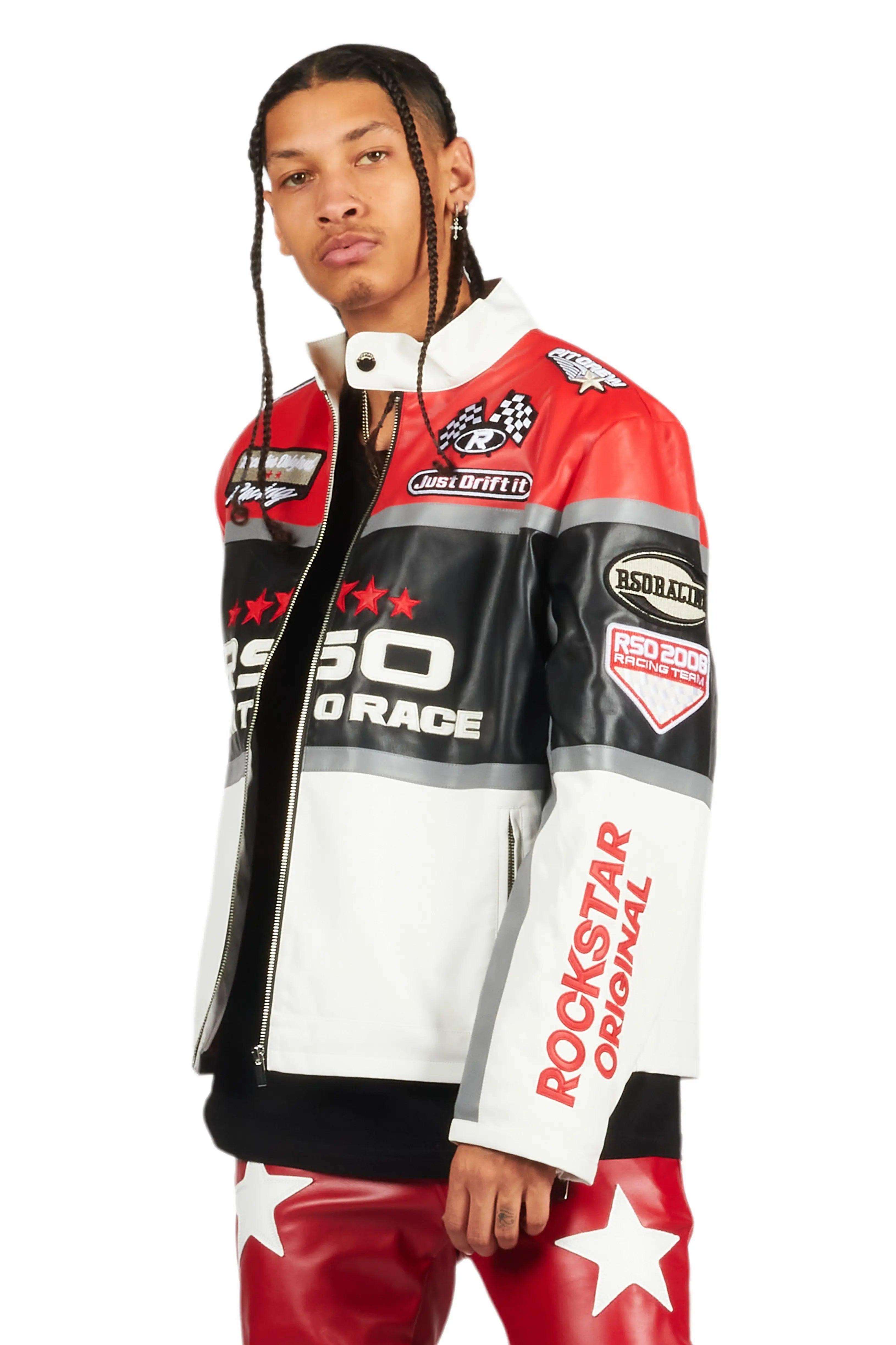 Balint Red/White Leather Moto Jacket Male Product Image