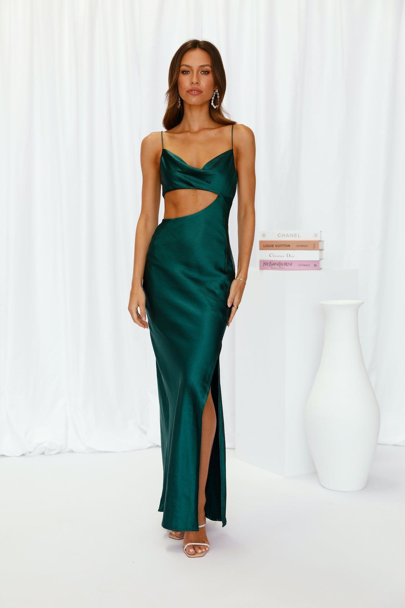 Oceanic Eyes Satin Maxi Dress Dark Green Product Image