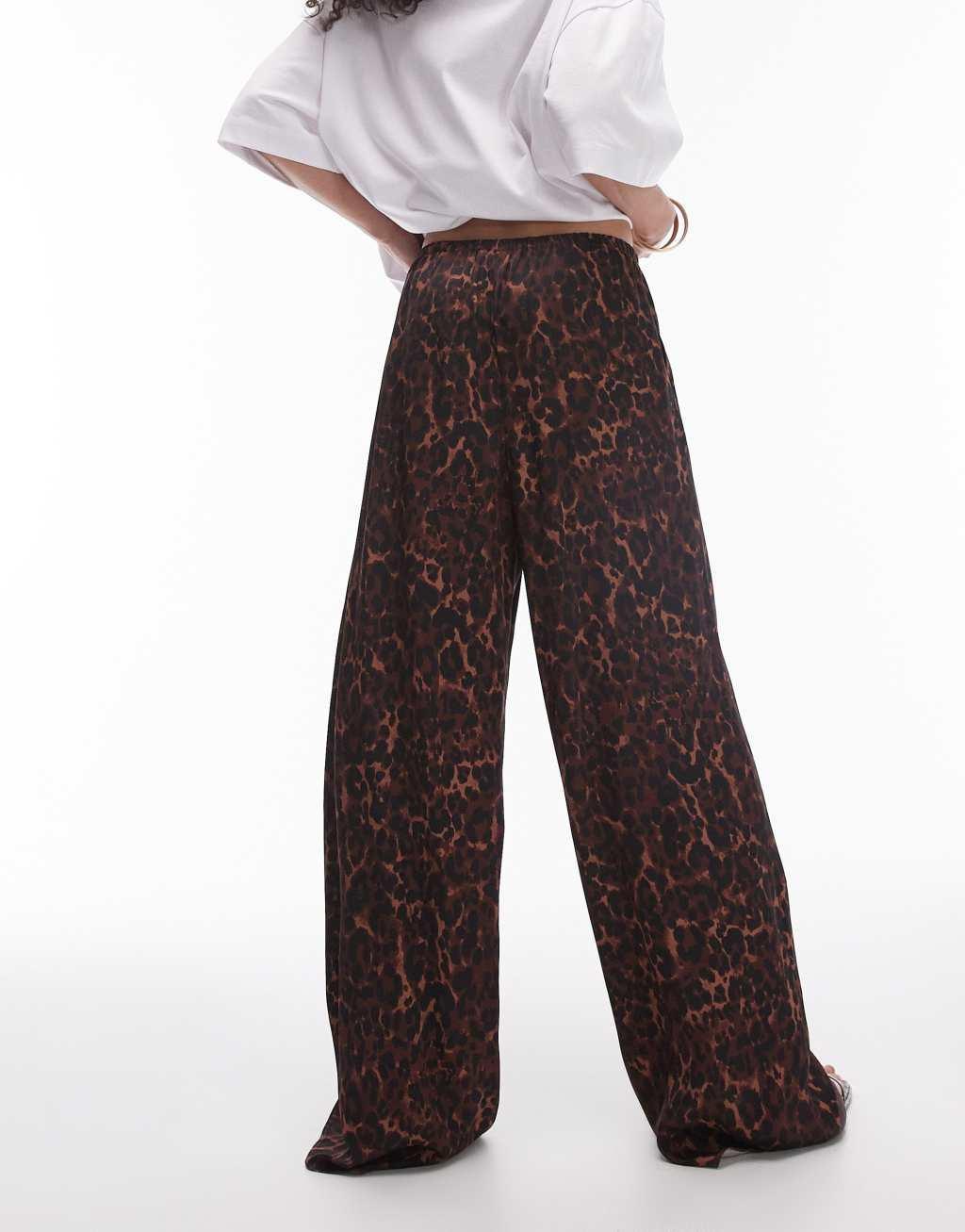 Topshop satin straight leg tie waist pants in dark leopard Product Image