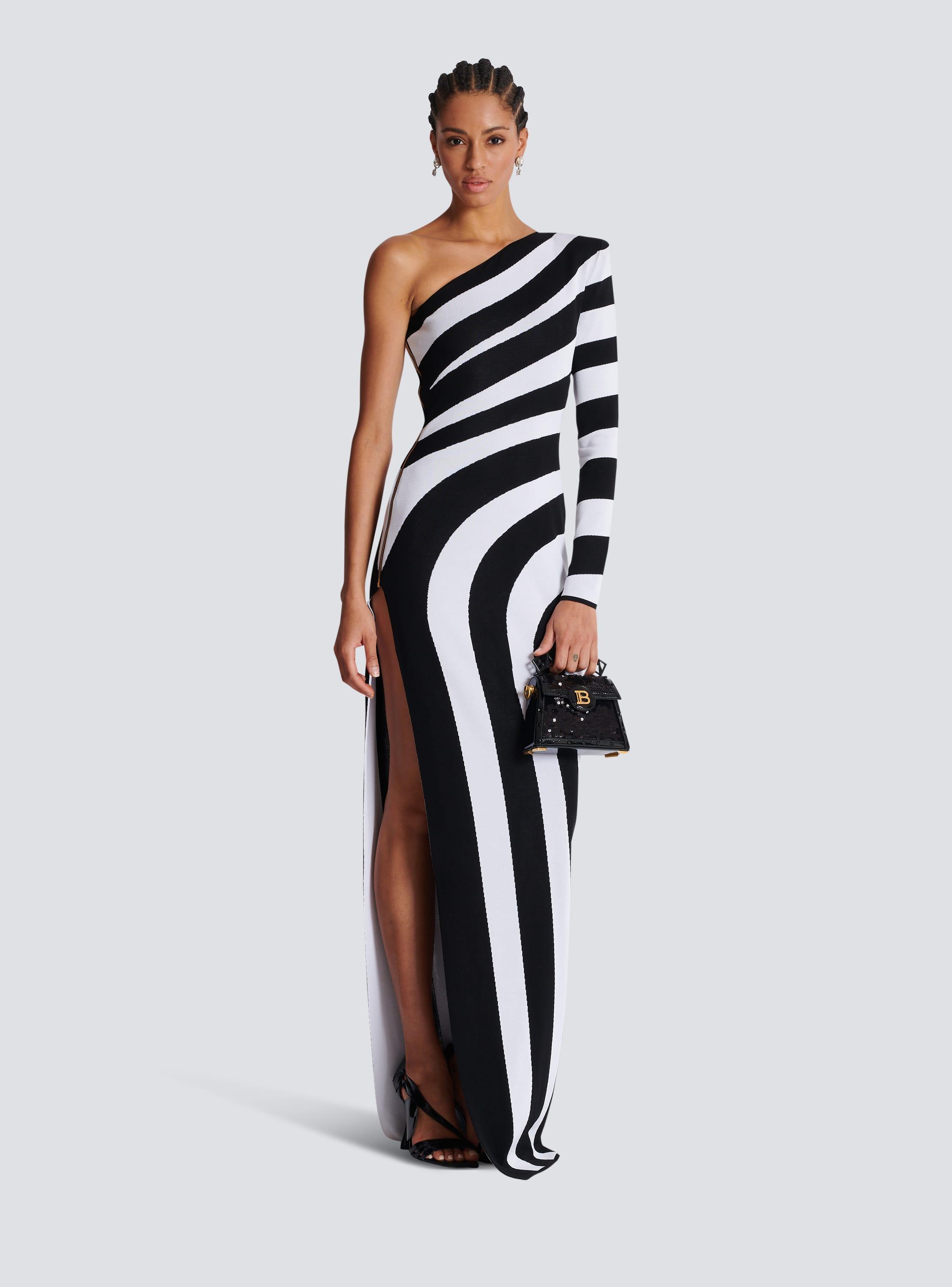 Long asymmetrical striped knit dress Product Image