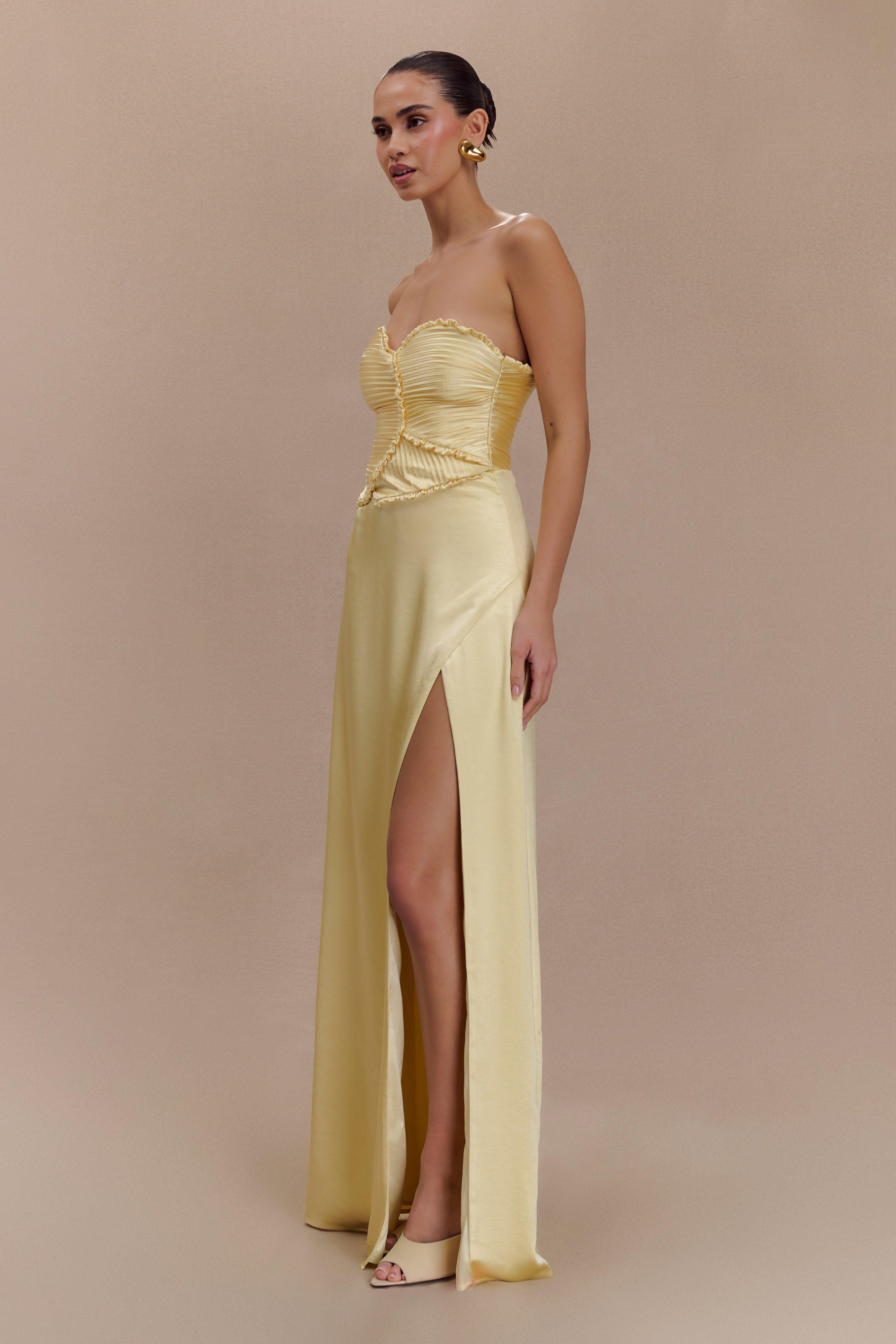 Larissa Satin Maxi Dress With Ruched Petals - Lemon Product Image