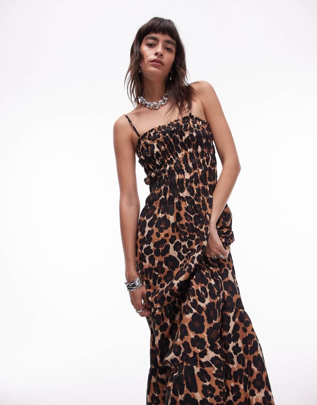 Topshop shirred midi dress in animal print product image