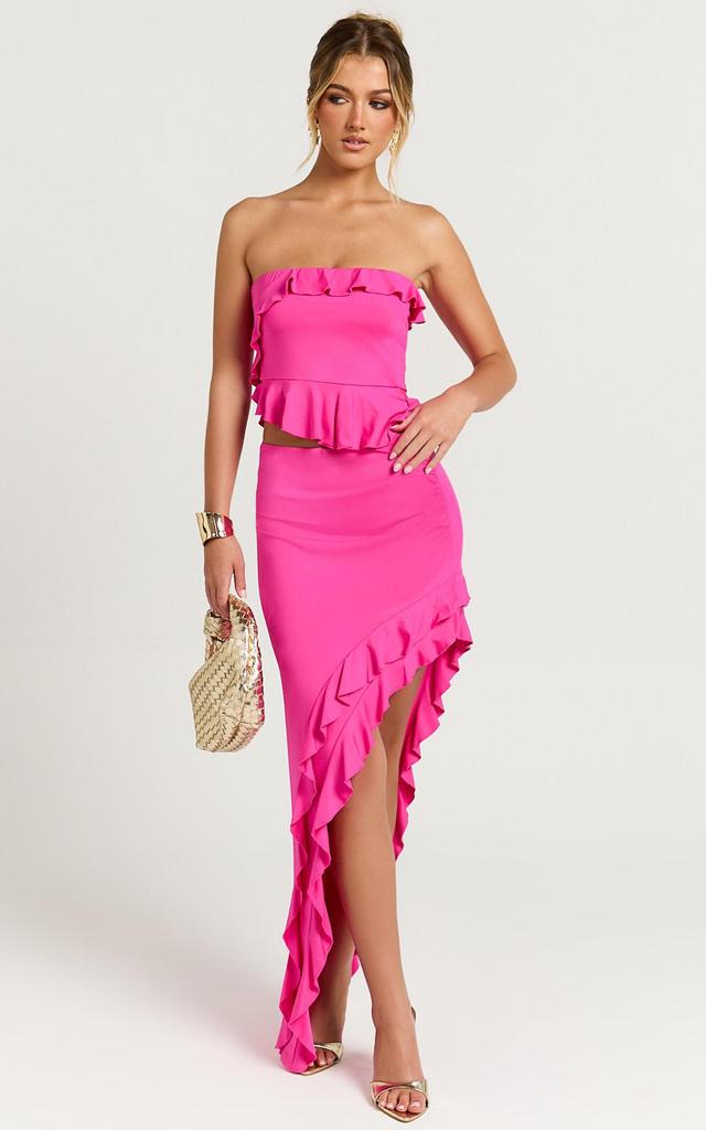 Tess Two Piece Set - Jersey Asymmetric Ruffle Strapless Top And Midi Skirt in Fuchsia Pink Product Image