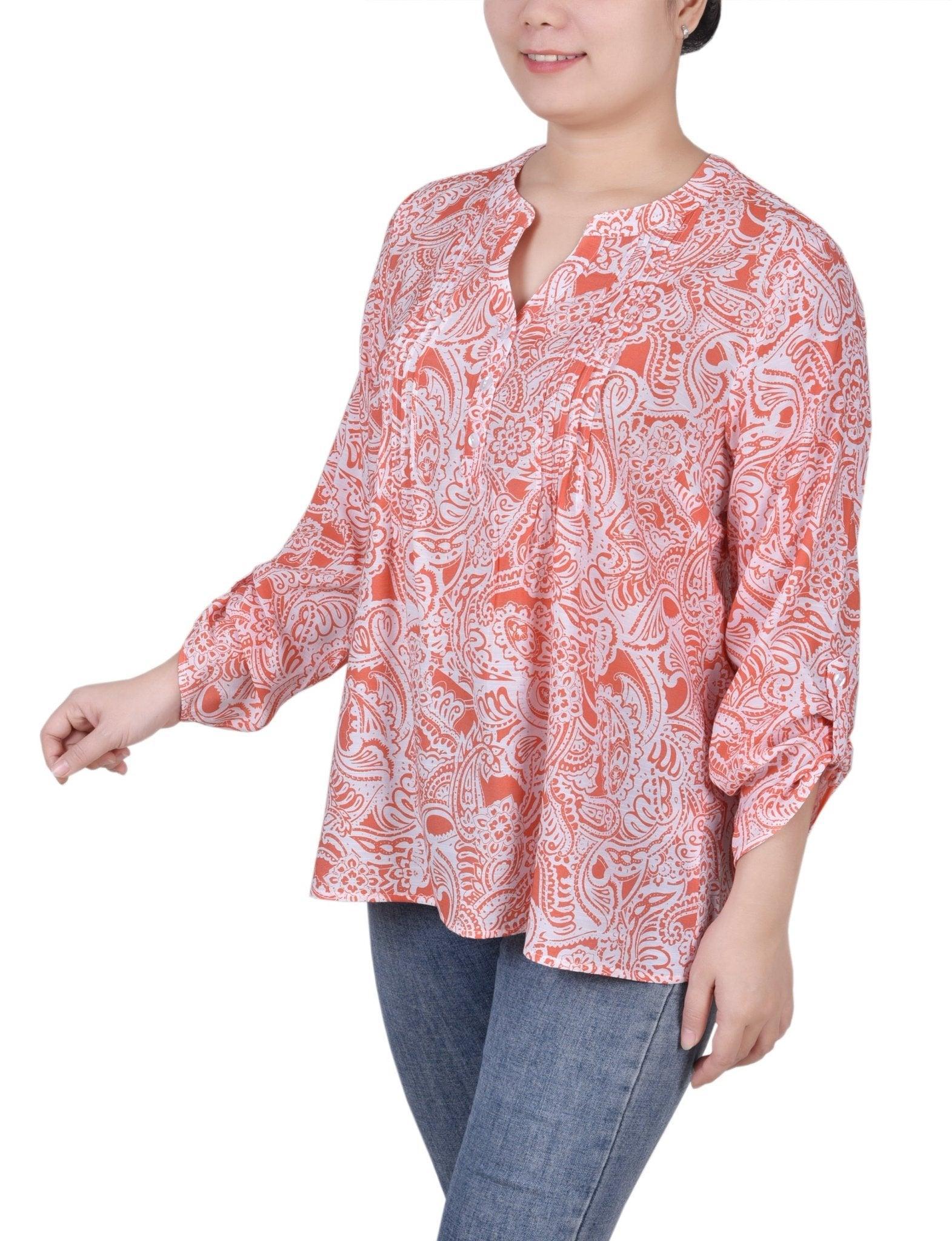 Long Roll Tab Sleeve Pintuck Front Blouse - Petite Product Image