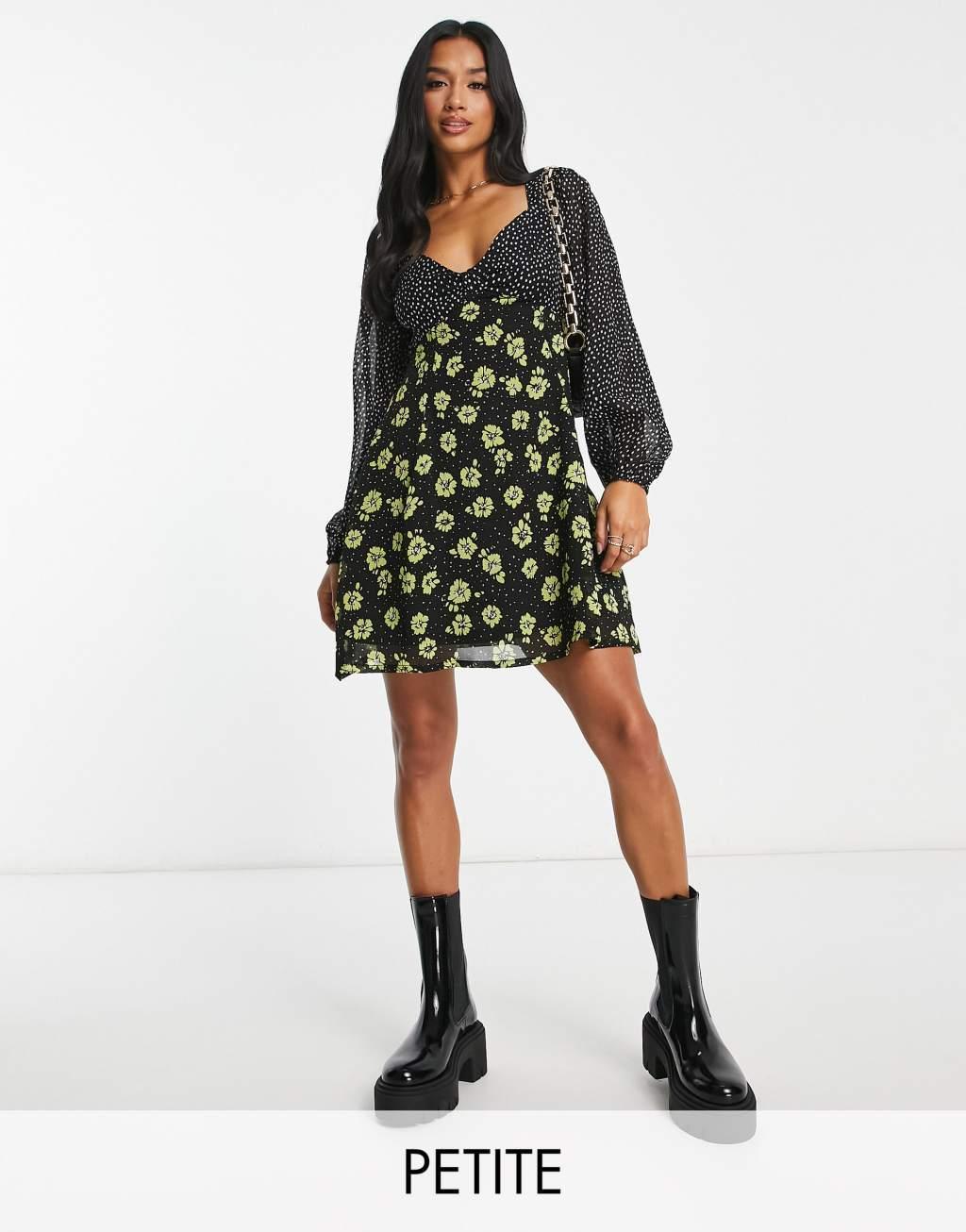 New Look Petite mixed print puff sleeve long sleeve milkmaid mini dress Product Image