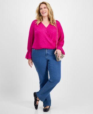 Plus Size Surplice-Neck Blouse & High-Rise Rhinestone-Trim Jeans, Created for Macy's Product Image