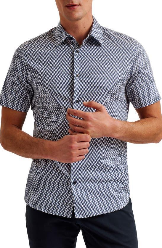 Printed Short Sleeve Button Front Shirt In Navy Product Image