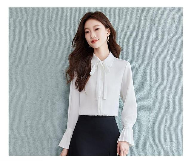 Collarless Plain Single-Breasted Blazer / Long-Sleeve Bow Shirt / High Waist Pleated Midi A-Line Skirt Product Image