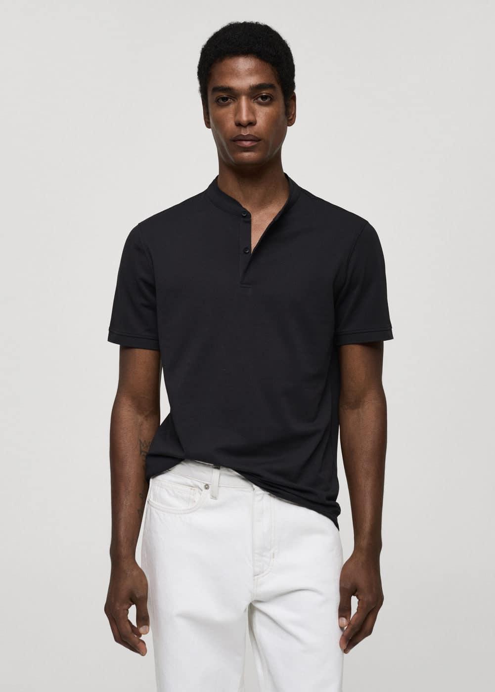 MANGO MAN - Cotton pique polo shirt with mao collar dark navyMen Product Image