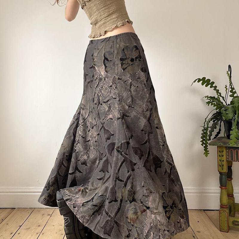 High Waist Floral Print Maxi A-Line Skirt Product Image