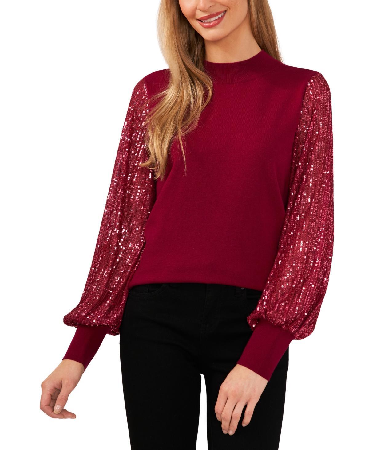 CeCe Womens Sheer-Sequin-Sleeve Mock-Neck Cotton Sweater Product Image