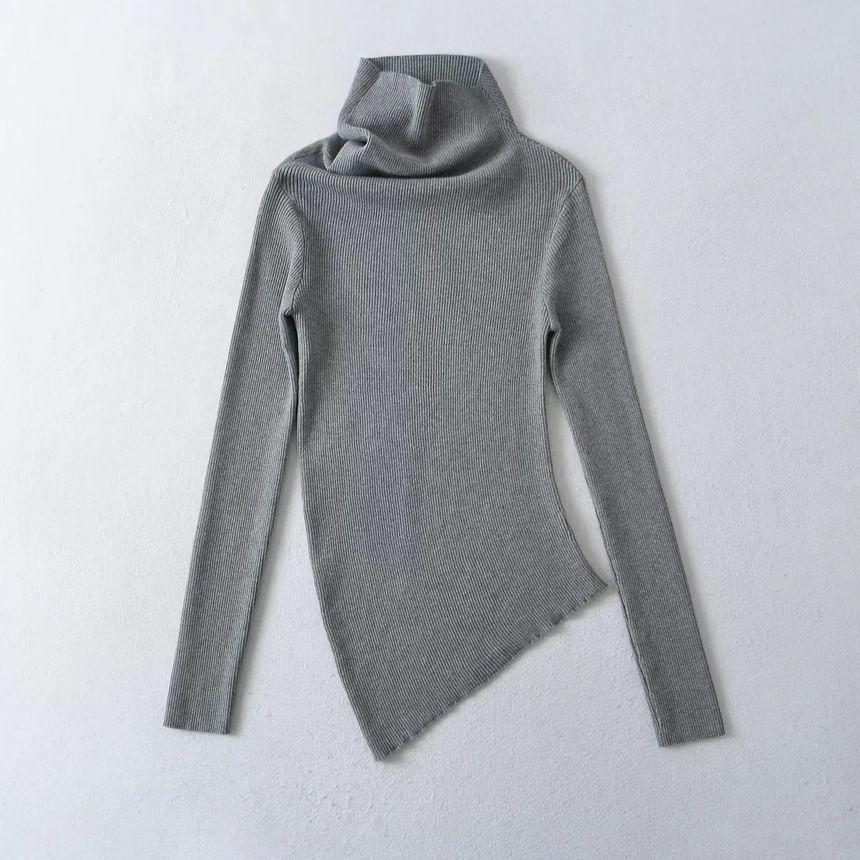 Long-Sleeve Turtleneck Asymmetrical Plain Knit Top Product Image