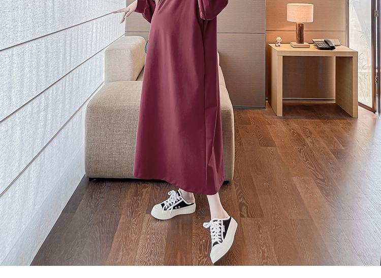 Maternity Long-Sleeve Half-Zip Plain Maxi Sweatshirt Dress Product Image