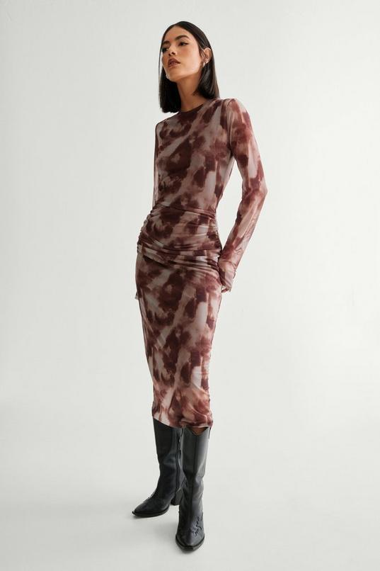 Blurred Print Mesh Long Sleeve Maxi Dress Product Image