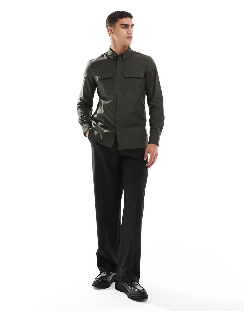 French Connection shirt with double breast pockets in khaki Product Image