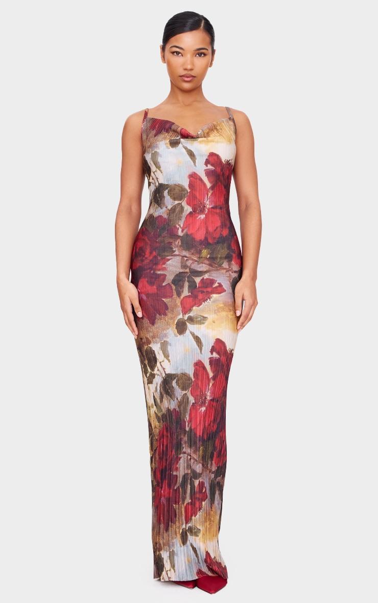 Red Floral Printed Plisse Strappy Maxi Dress Product Image