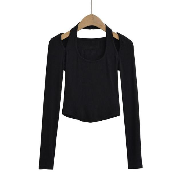 Long Sleeve Cold Shoulder Plain Ribbed Crop T-Shirt Product Image