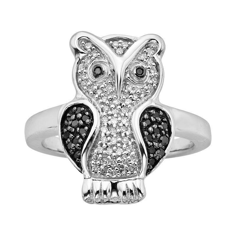 Jewelexcess Sterling Silver Two-Tone 1/4-ct. T.W. Black and White Diamond Owl Ring, Womens Product Image