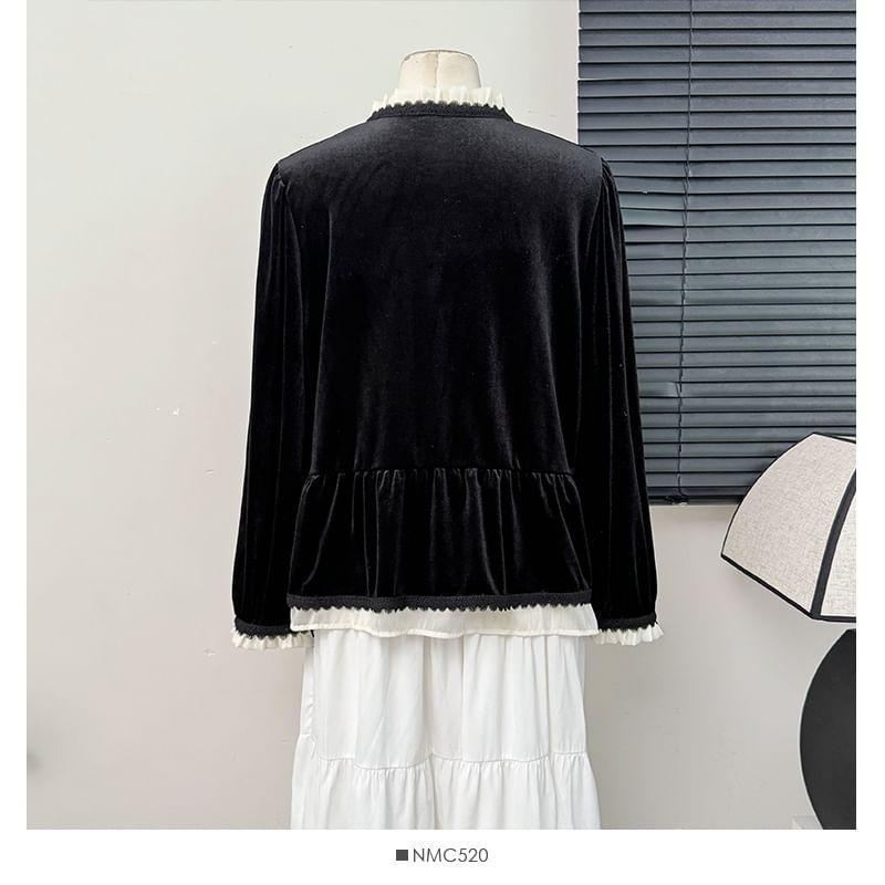 Contrast Ruffle-Trim Velvet Shirt Product Image