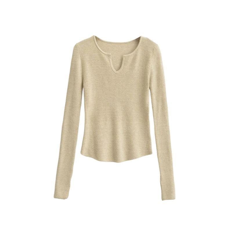 Long Sleeve Notch Neck Plain Knit Top Product Image