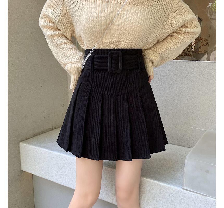 Plain Pleated Corduroy  A-Line Skirt Product Image