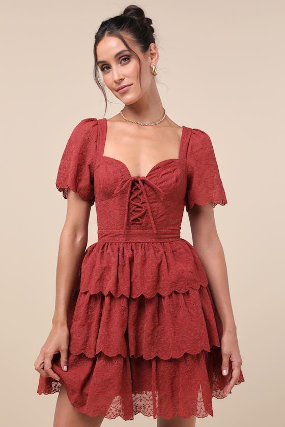 Inclined to Charm Rust Red Embroidered Tiered Lace-Up Mini Dress Product Image