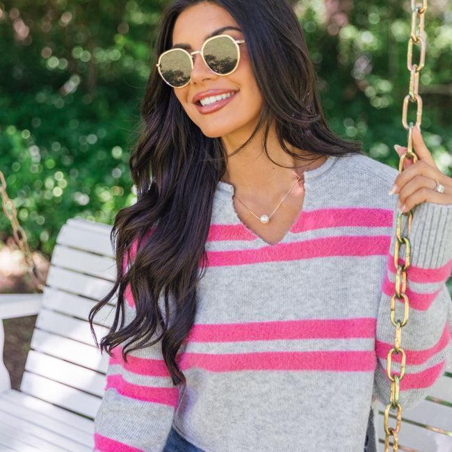 Sweet Affection Grey And Fuchsia Striped Notched Neck Sweater Product Image