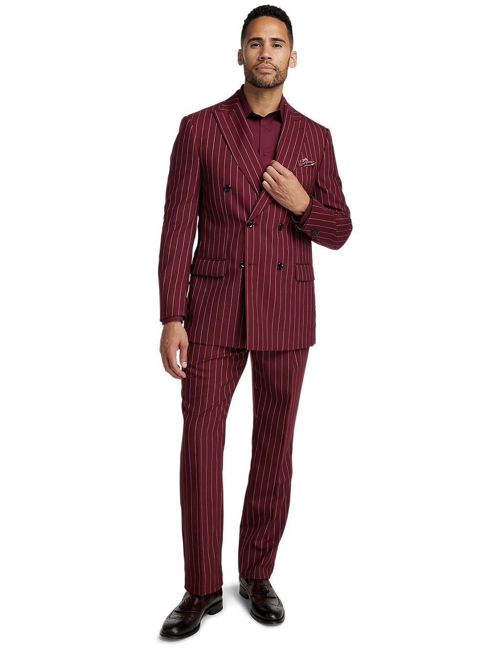 Wool Stretch Stripe Double Breasted Peak Lapel Suit - Burgundy Product Image