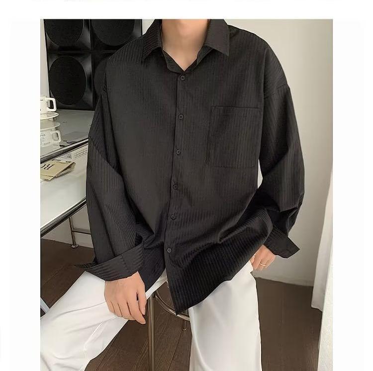 Long-Sleeve Plain Button-Up Shirt Product Image