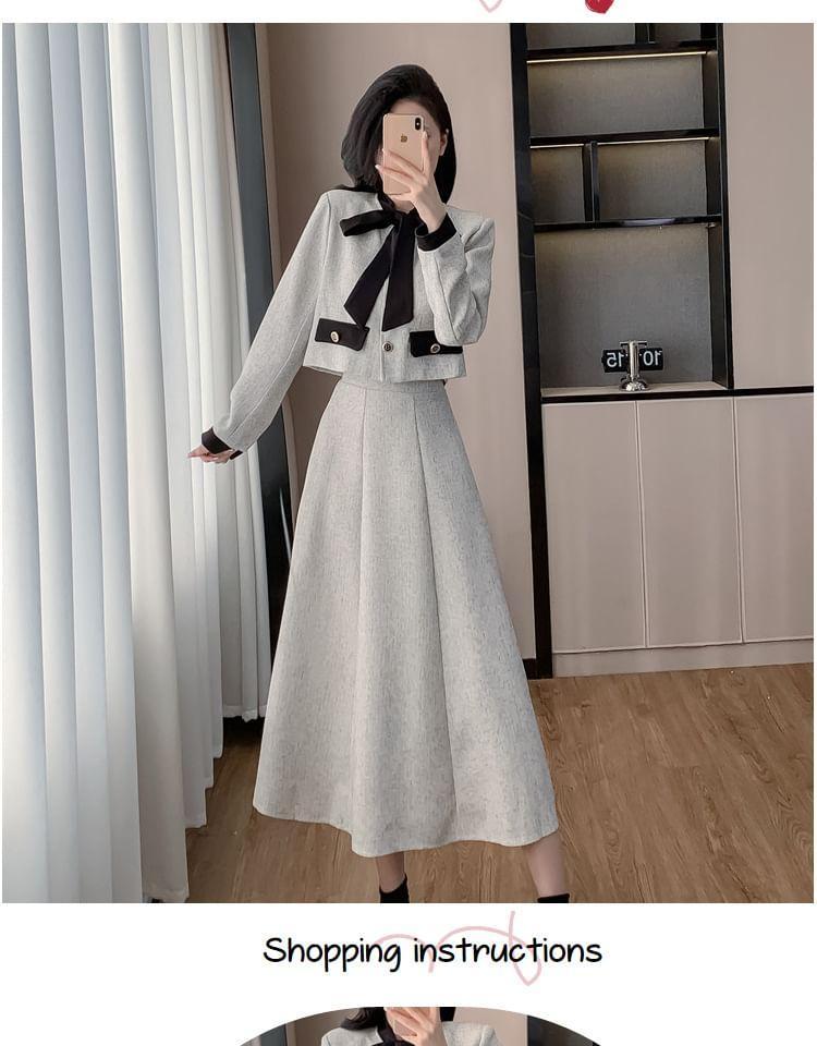 Set: Tie Neck Panel Button Jacket + High Rise Midi A-Line Skirt Product Image