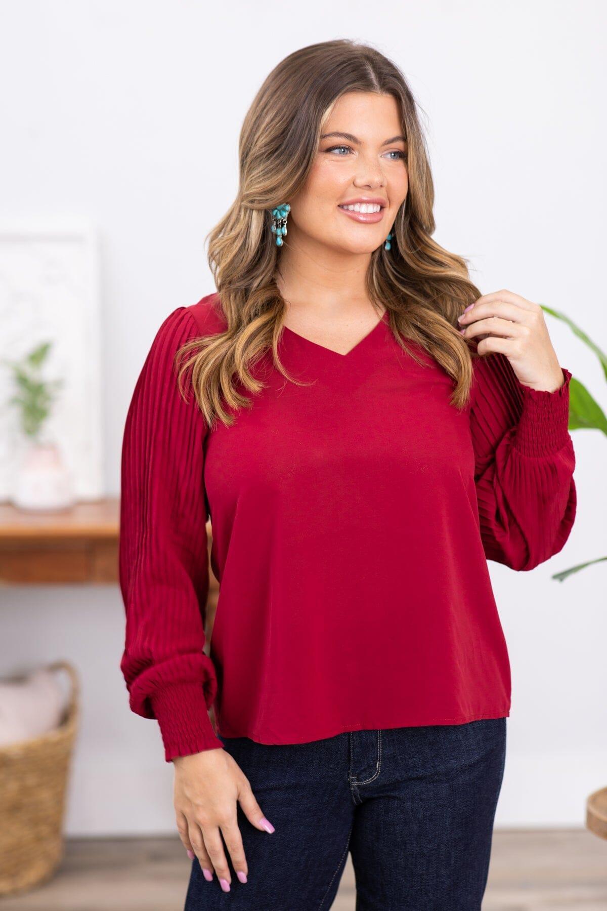 Wine V-Neck Top With Pleated Sleeves Product Image