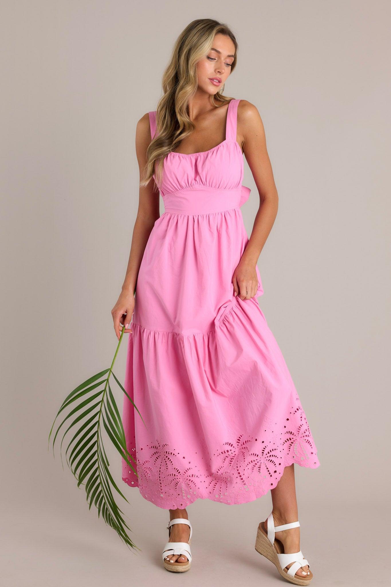 Garden Breeze 100% Cotton Pink Eyelet Midi Dress Product Image