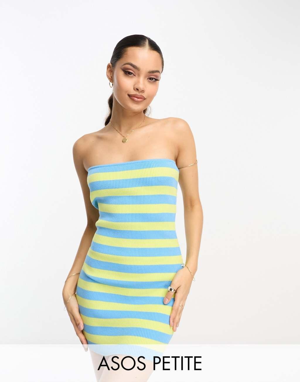 ASOS DESIGN Petite knitted mini bandeau dress in stripe in lime and blue  Product Image