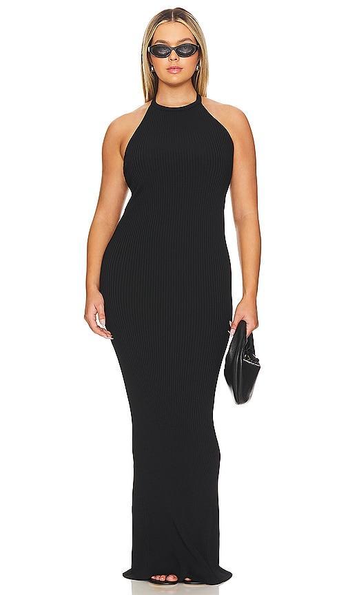 Good American Shine Rib Halter Maxi in Black. Product Image