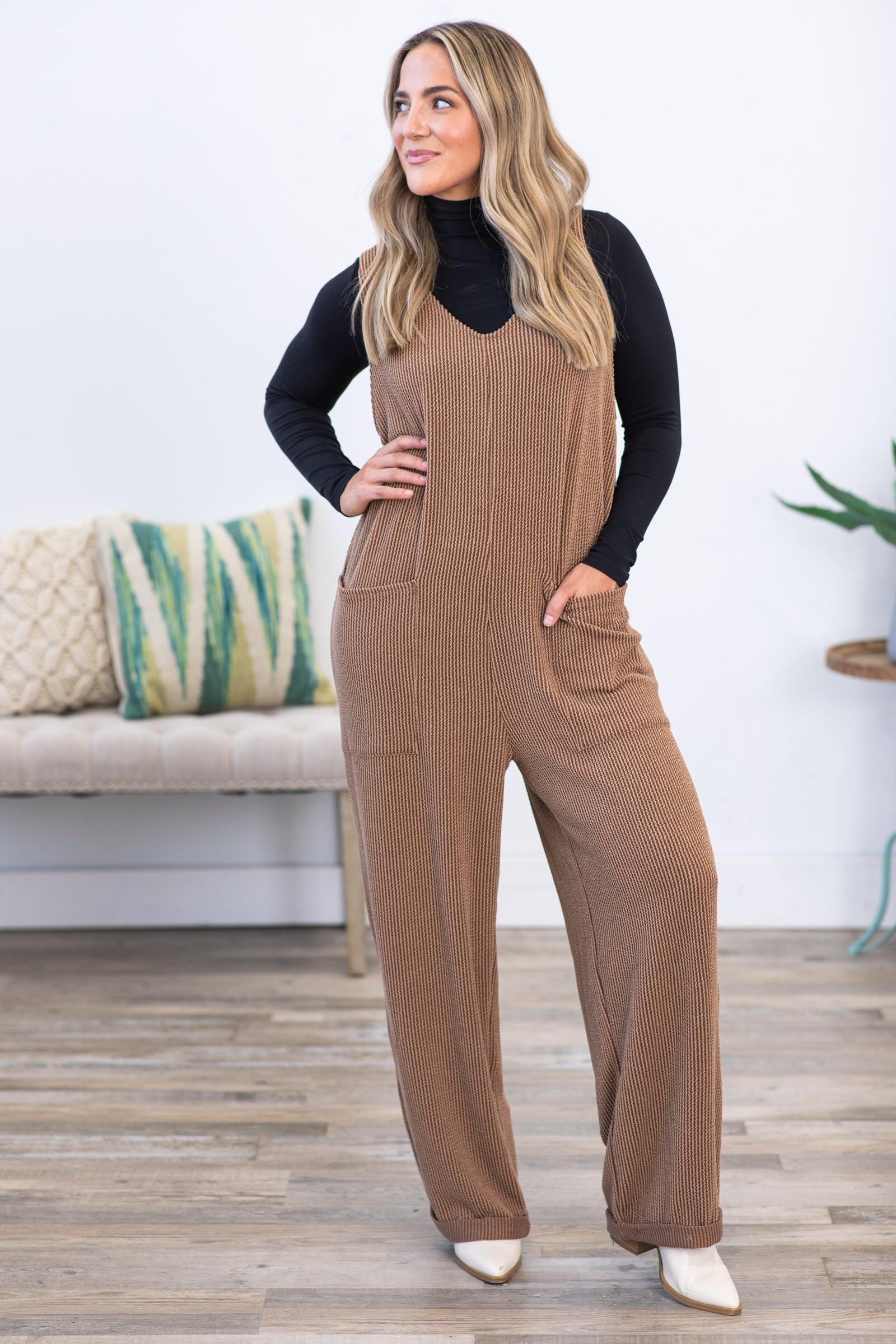 Brown Ribbed Jumpsuits With Pockets Product Image