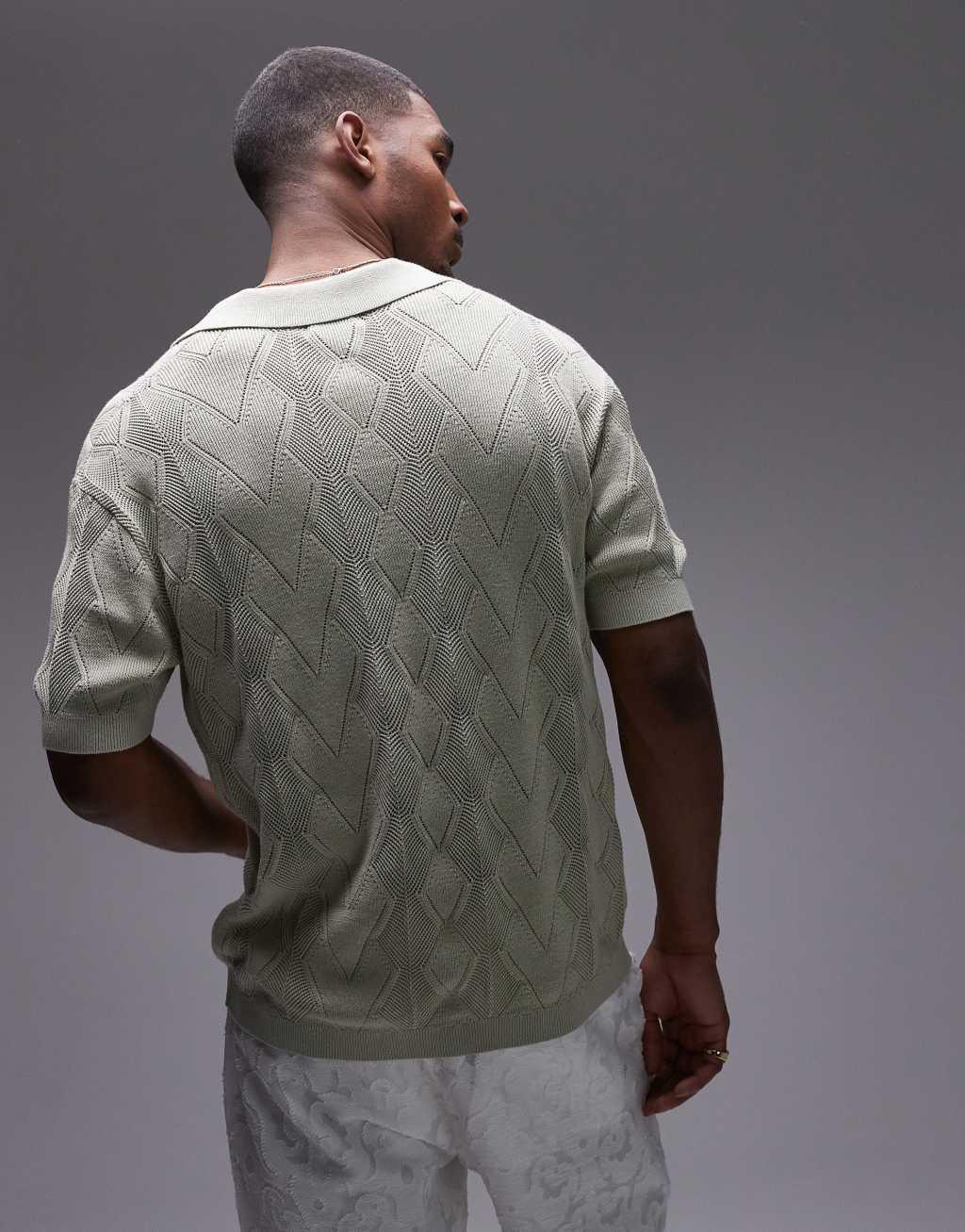 Topman knit diamond pattern pointelle polo shirt in light green Product Image